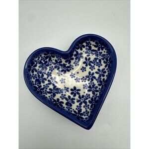 Polish Pottery UNIKAT Heart Shape Trinket Dish 4.25”Signed Flower Floral EUC
